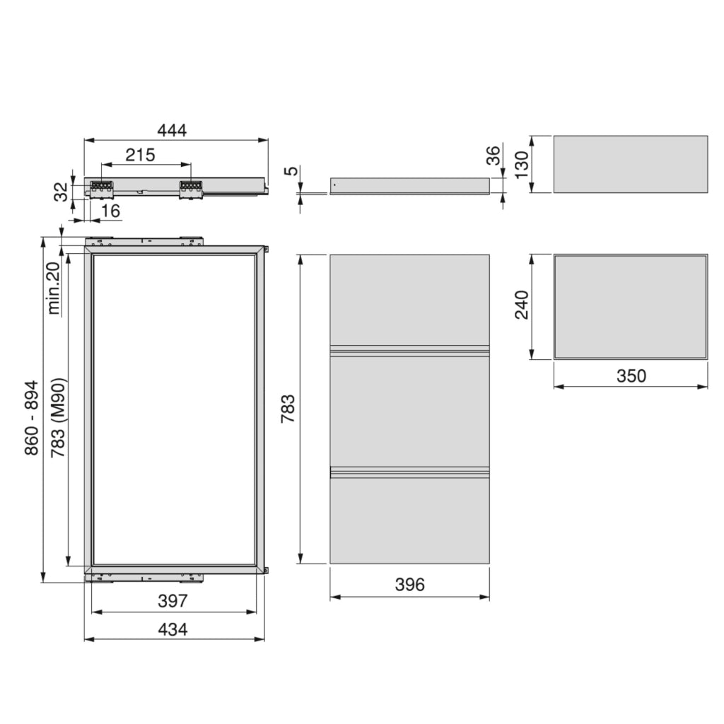 Kit 3 Cestelli e Vassoio per Amadio Regolabile 900 mm Emuca Grigio Pietra