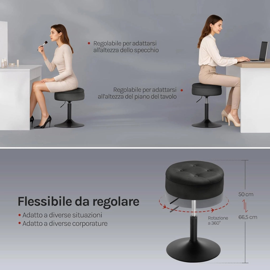 Set di 2 Sgabelli Piccolo da Bar in Velluto e Metallo, Sedia da Pranzo con Vano Portaoggetti, Sgabello Rotondo Girevole, Altezza Regolabile tra 49,5-65cm, Nero BH329sz-2
