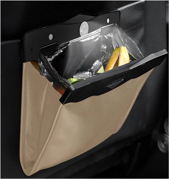 Sacchetto di Imbocco per Auto magnetico pieghevole con LED - Sacchetto di Imbocco appeso & Cassetto di Raccordo, Impermeabile in Pelle, per Sedili Anteriore e Posteriore - Beige