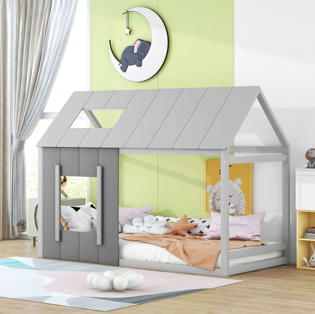 Letto singolo per bambini a casetta 90x200 cm grigio