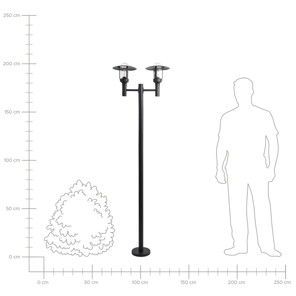 Lampione a 2 luci Lampada da sentiero nera Paralume in vetro di alluminio Illuminazione da giardino esterna Design moderno