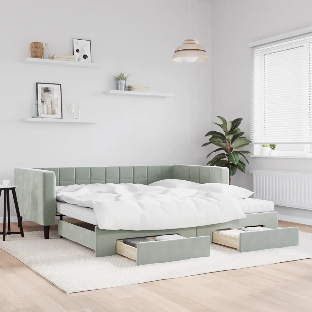 Divano Letto Estraibile Cassetti Grigio Chiaro 100x200 Velluto 3196770