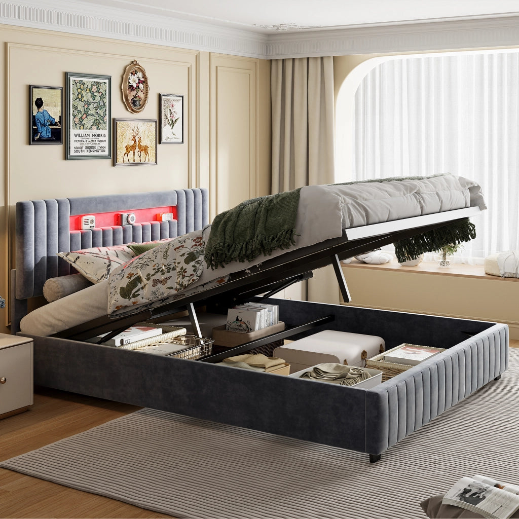 Letto matrimoniale contenitore 140x200 cm con testiera imbottita luce LED e rete a doghe struttura letto in velluto grigio