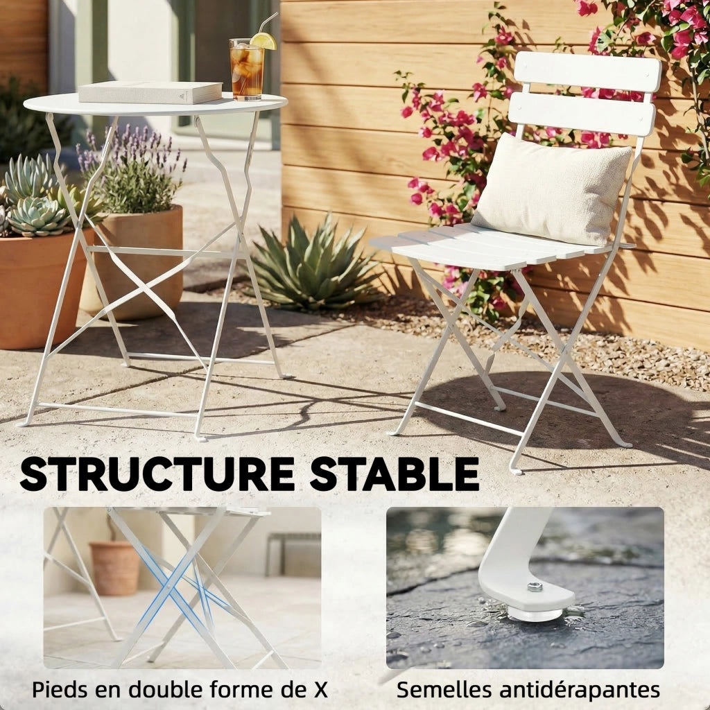 Set Giardino Tavolino e 2 Sedie Pieghevoli ¨C Zephmum ¨C Legno Antiruggine Crema