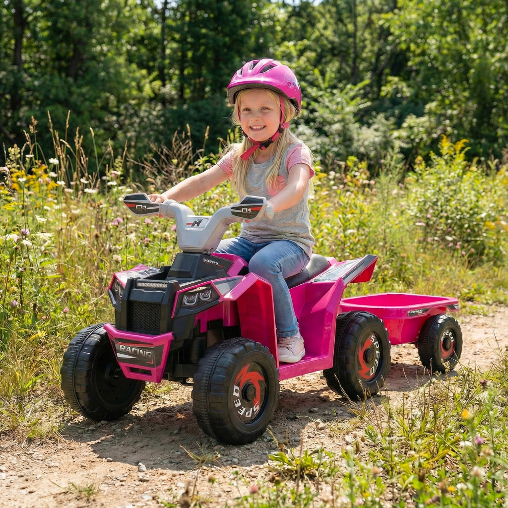 Quad atv elettrico bambini rimorchio posteriore ruote antiusura motore-Quad giocattolo interruttore un tocco veicolo per bambini 3+ anni Rosa