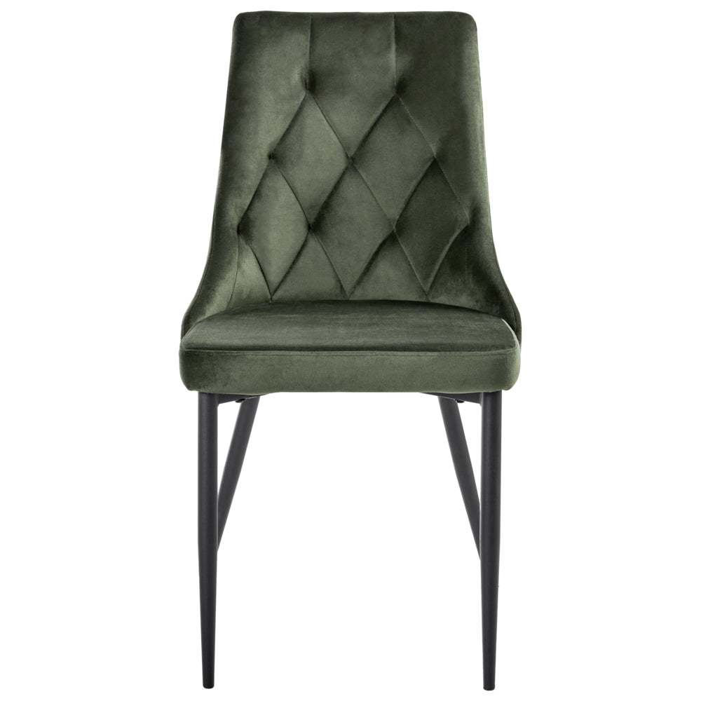 Set di 2 sedie da pranzo scandinave Rivestimento in velluto verde oliva Gambe in ferro nero Seduta in tessuto Senza braccioli