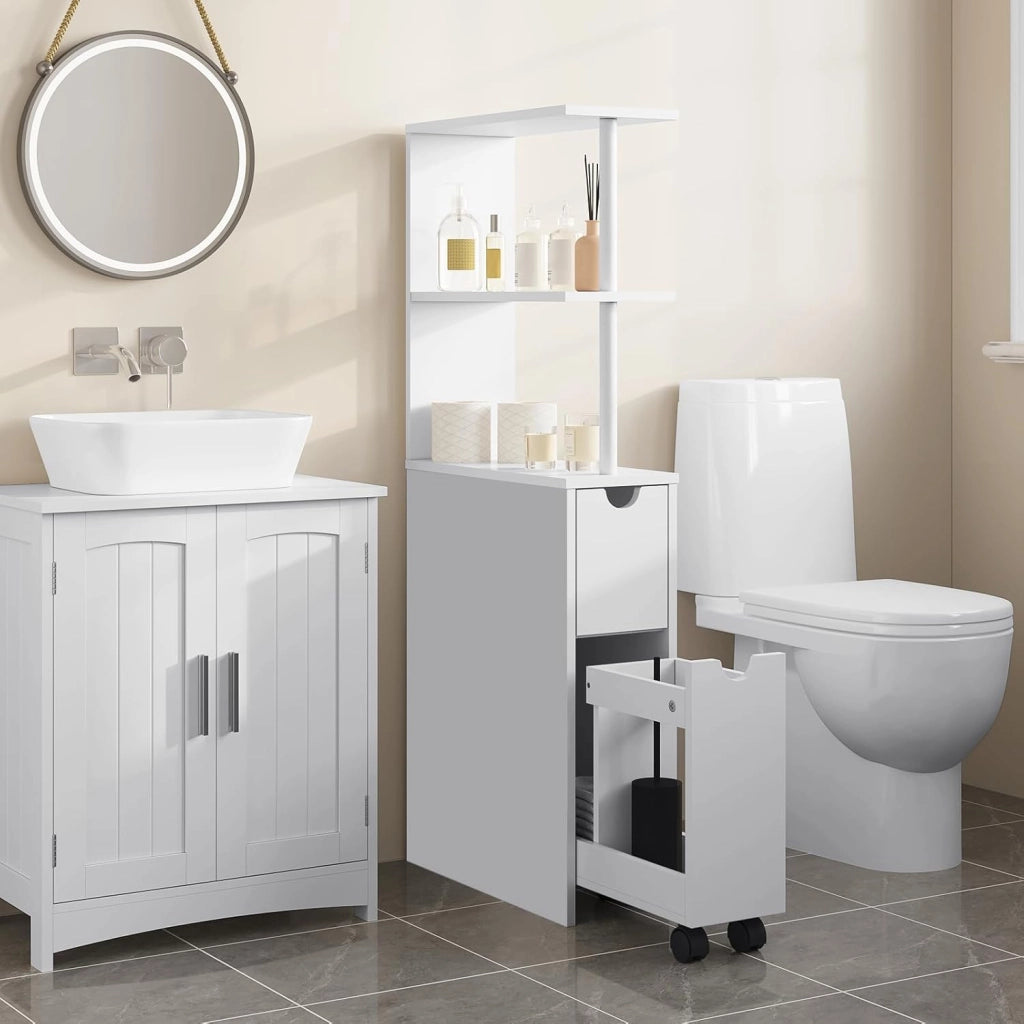 Mobile da Bagno Stretto, Mobiletto da Bagno Salvaspazio con 2 Cassetti, 2 Ripiani, Mobiletto Bianco per Cucina, Soggiorno, in Legno, 19x45x113 cm