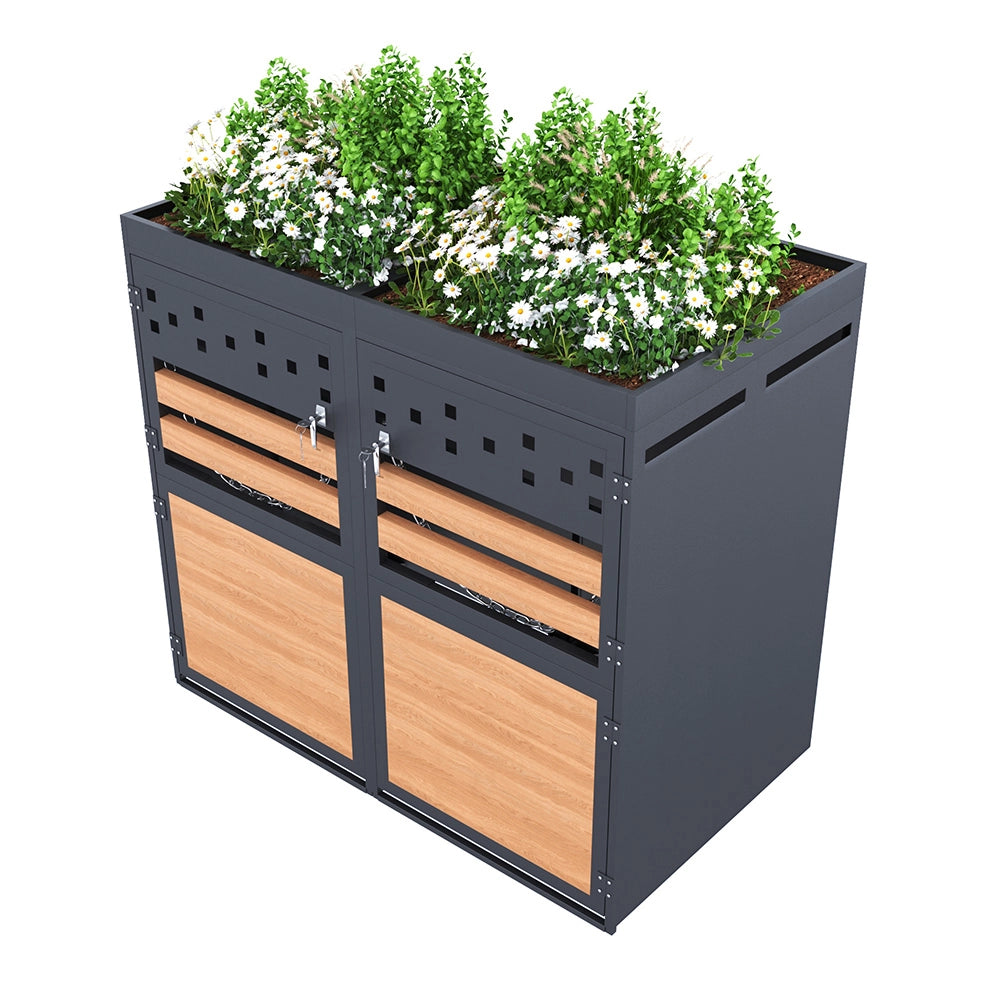 Cabina per 2 bidoni con tetto verde - Xylo - 120-240 litri, colore antracite, porta in stile legno, estensibile