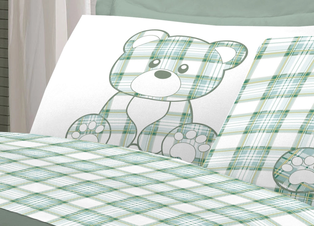 Completo Lenzuola Linea Pensieri Delicati 100% Cotone Orsetto Tartan Primavera - Singolo - Verde