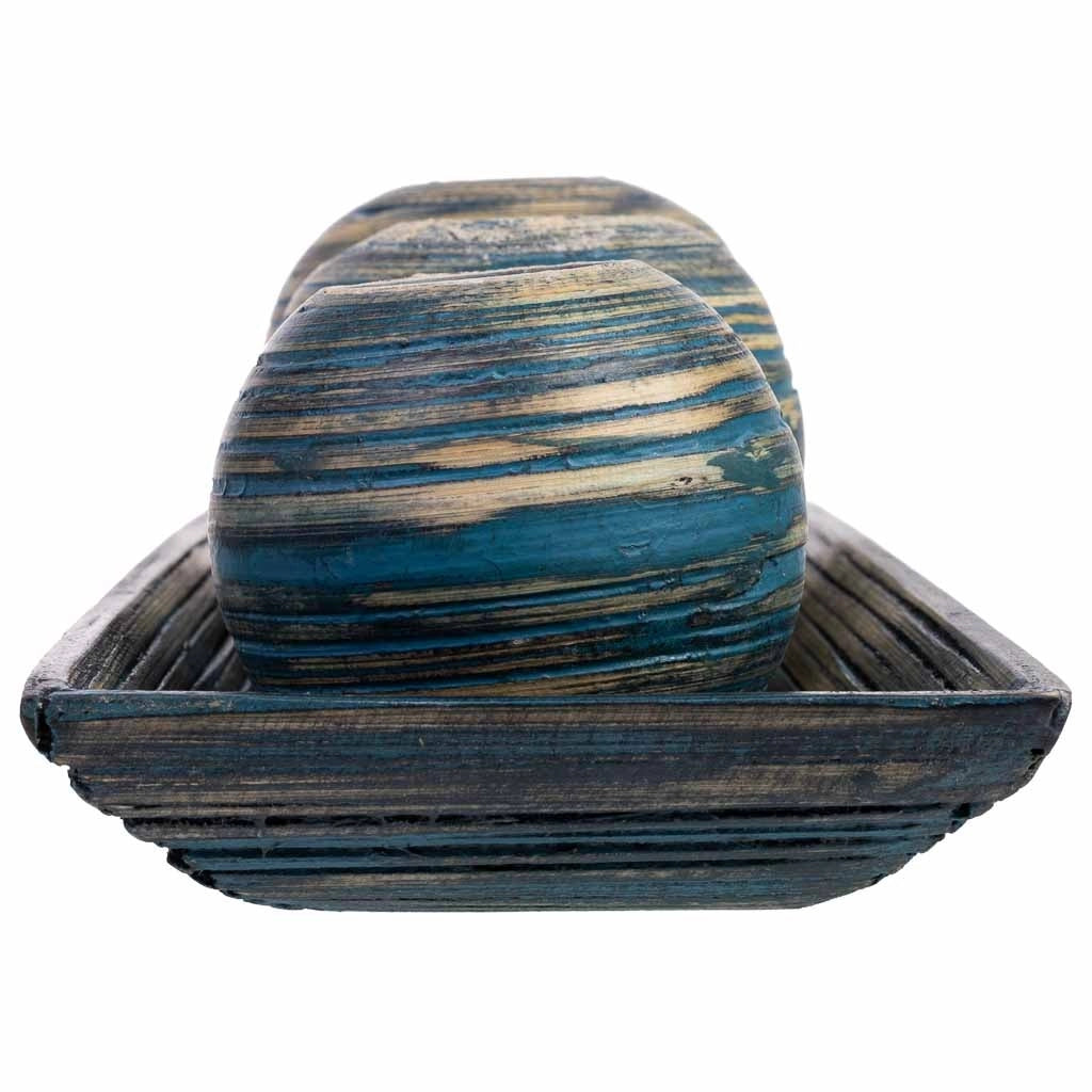 Set vassoio e 3 portacandele in legno di bambù blu 33x13x3h cm