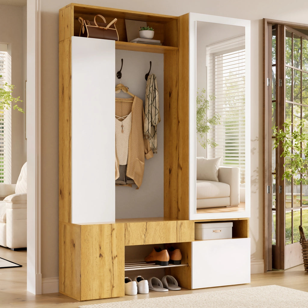 Guardaroba in MDF con specchio, scarpiera, mobile ingresso, appendiabiti con asta e ganci
