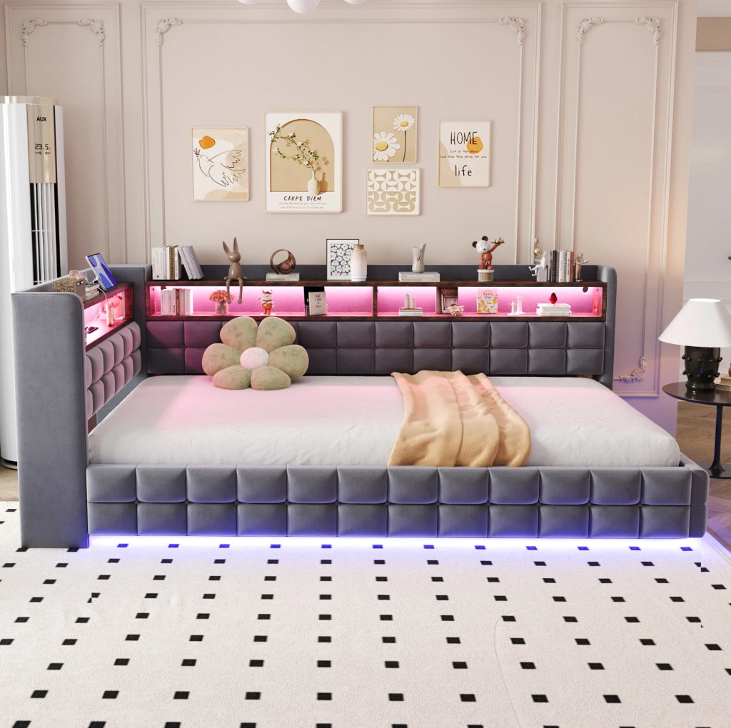 Divano letto imbottito con vano contenitore e LED
