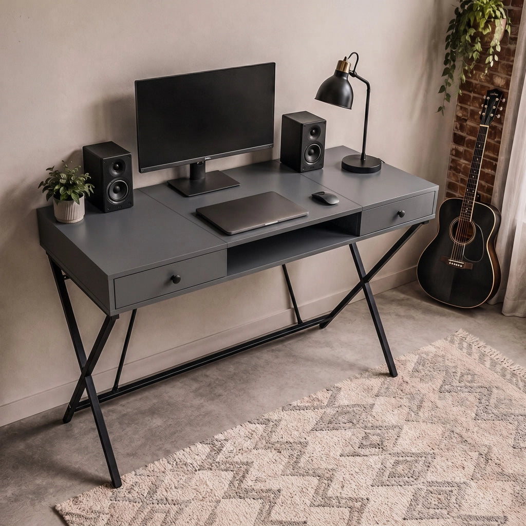 Scrivania PC industriale Grafite CROSSLINE 120 cm 2 cassetti 1 ripiano gambe nere