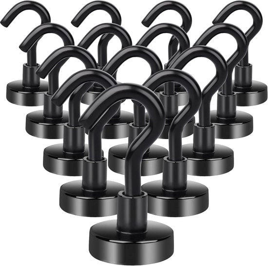 Set di Ganci Magnetici da 14 Pezzi - Forti Magnetoni Neodimio - 10kg di Forza di Attrazione - Nero - Per Garage, Griglia, Sovrapporta, Asciugamani