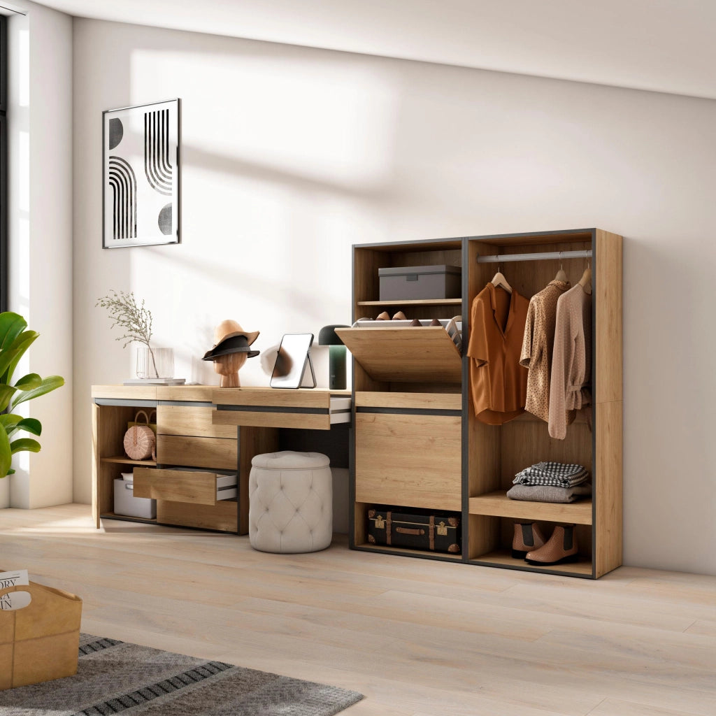 Scarpiera, 297x35x145cm, Camera da letto, Armadio Aperto, Cassettiera, Tavolo da toeletta, colore Rovere RF3540