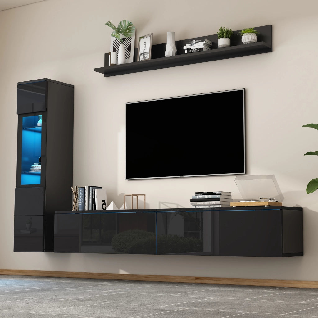PARETE ATTREZZATA 3 pezzi con LED 180 cm Nero lucido