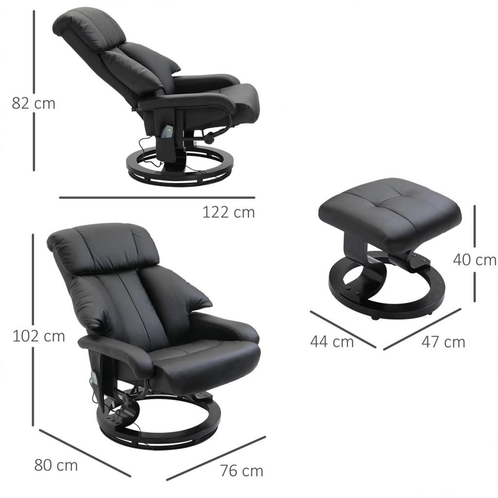 Poltrona relax girevole con massaggio, schienale reclinabile 145°, poggiapiedi e rivestimento in similpelle nera