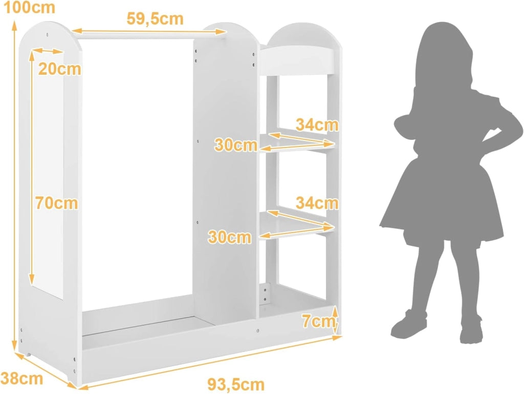 Guardaroba per Bambini in Legno, Mobile per Bambini con Specchio, Appendiabiti e Mensole, Armadio di Stoccaggio per Cameratta dei Bambini, 93,5 x 38 x 100 cm (Bianco)