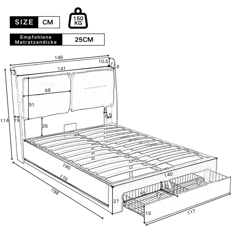 LETTO Contenitore Idraulico 140x190 cm in Velluto Grigio Scuro