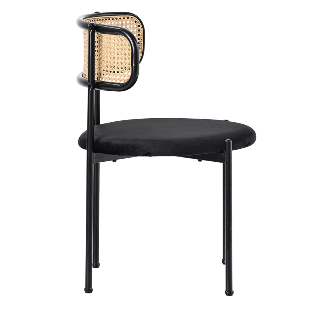 Set di 6 sedie da pranzo in velluto con schienale in rattan e gambe in metallo; nere