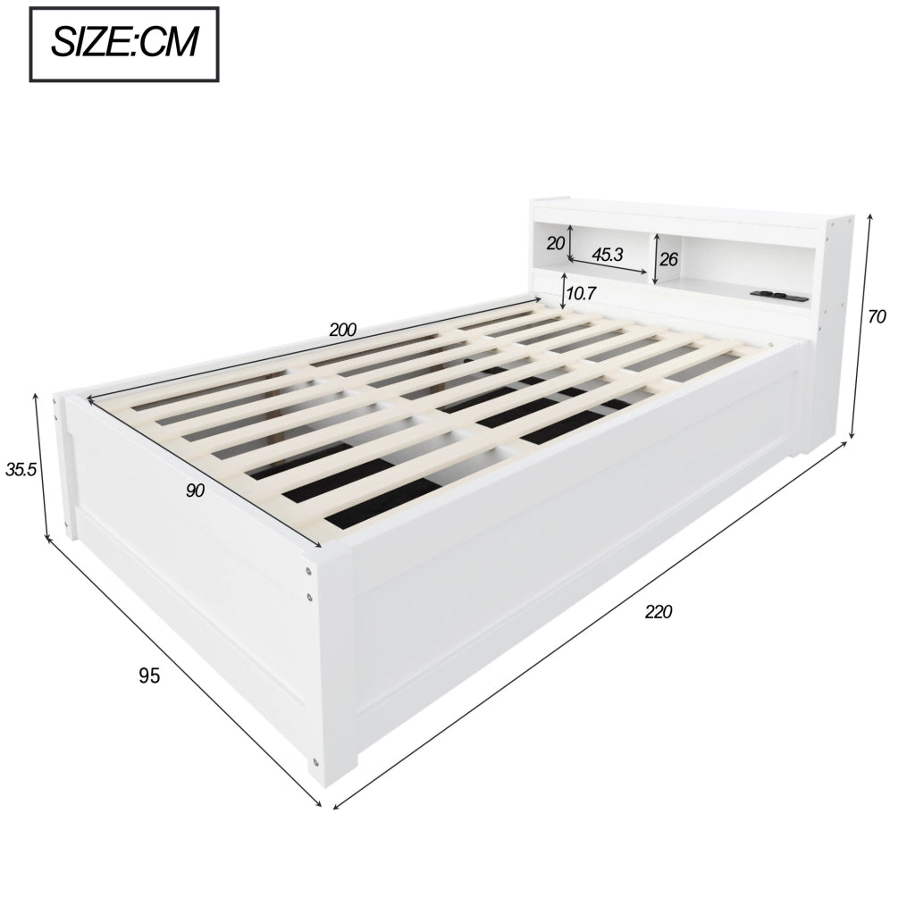 Letto multifunzione 90x200 cm con presa; contenitore idraulico e LED in MDF bianco