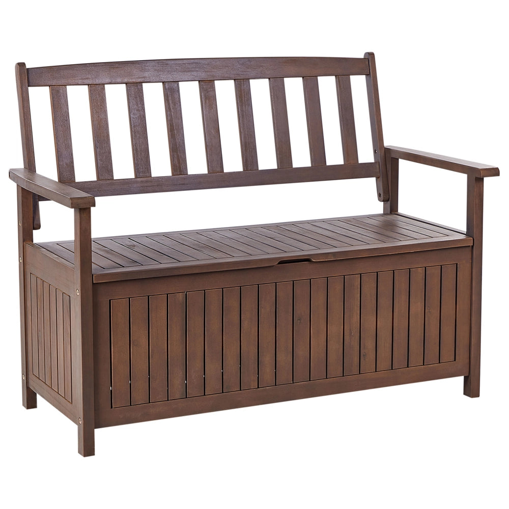 Panca da Esterno con Contenitore in Legno Massello di Acacia 2 Posti 120 cm Colore Scuro e cuscino rosso
