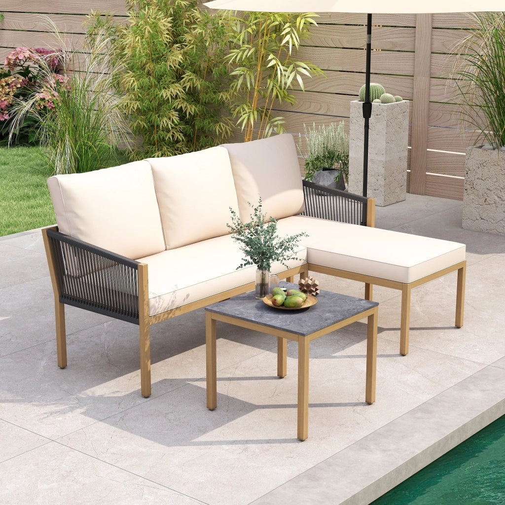 Set di mobili da giardino 3 pezzi con 2 divani componibili a forma di l, Set da conversazione da esterno per patio e terrazzo Beige