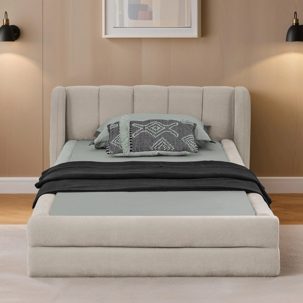 Letto Singolo 90x200 cm; con Schienale Imbottito e Struttura Rinforzata; Beige