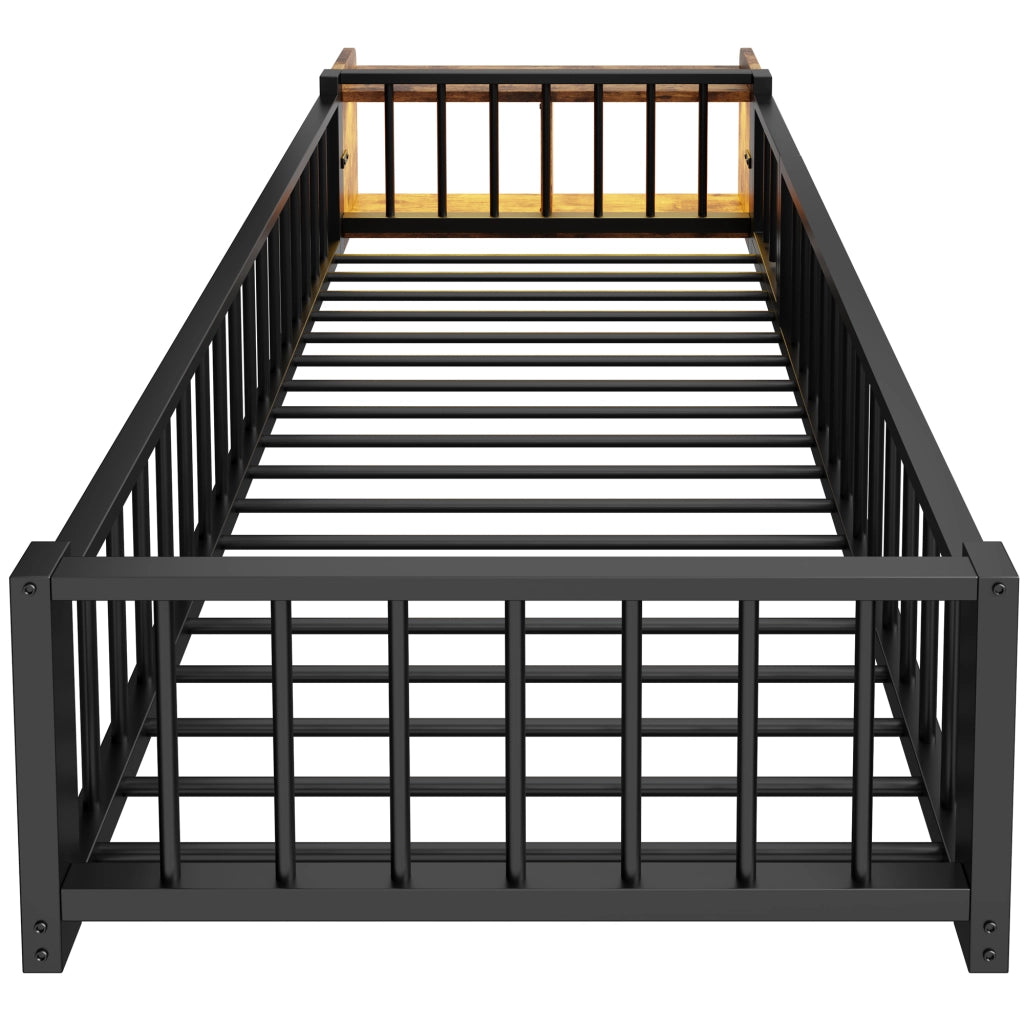 Letto singolo in metallo - Zephmum - 90x200 cm - Nero - Con protezioni e LED