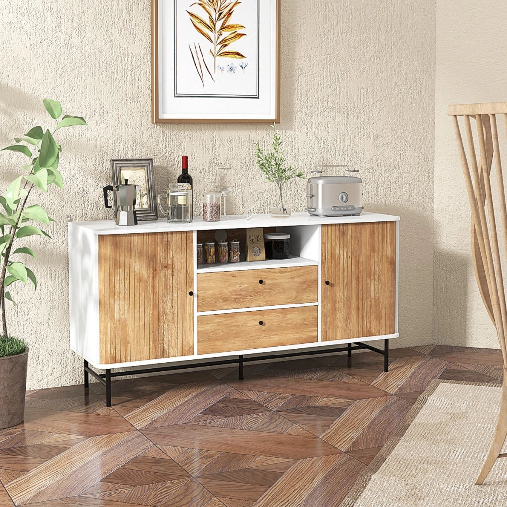 Mobile credenza con ante scorrevoli 2 cassetti foro per cavi-Mobile TV stile mid century da salotto Bianco