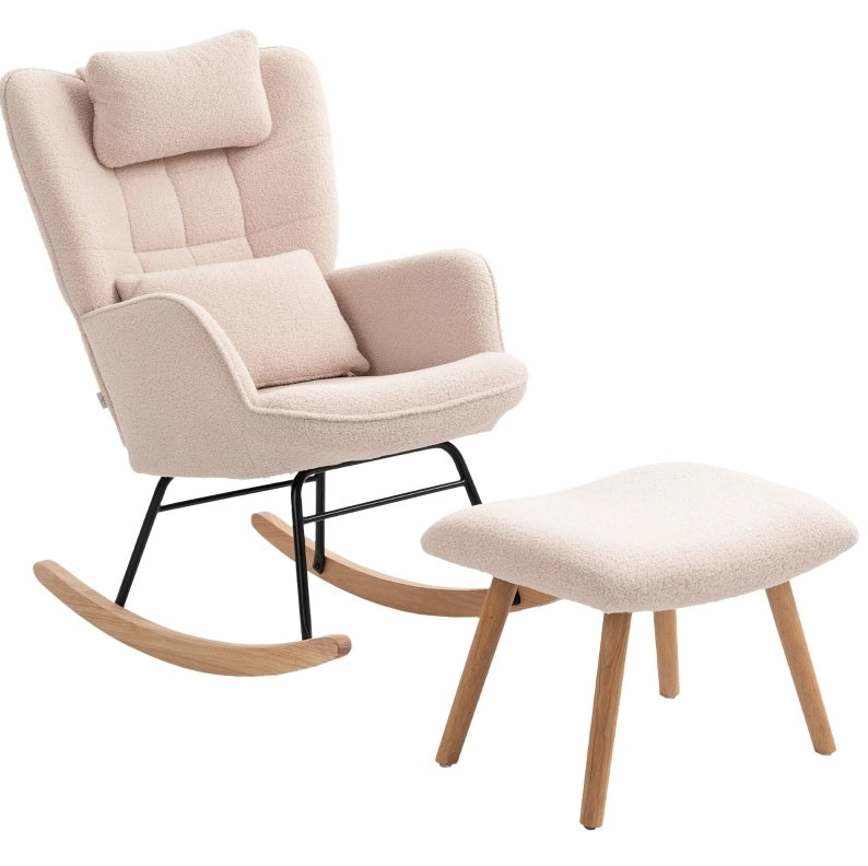 Poltrona a dondolo con poggiapiedi; schienale alto; in poliestere beige