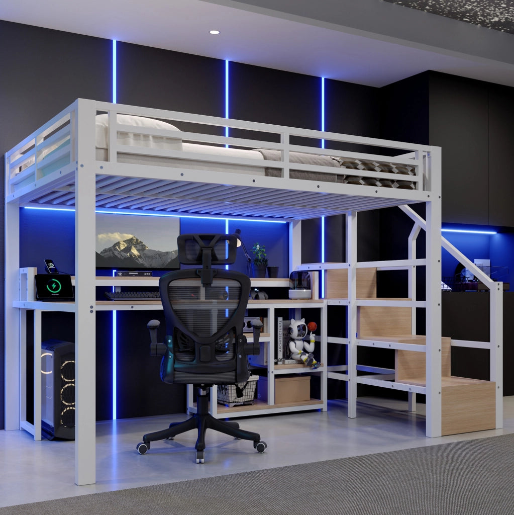 Letto a soppalco 140x200 cm in metallo e MDF; con scala armadio; LED e porte USB; bianco