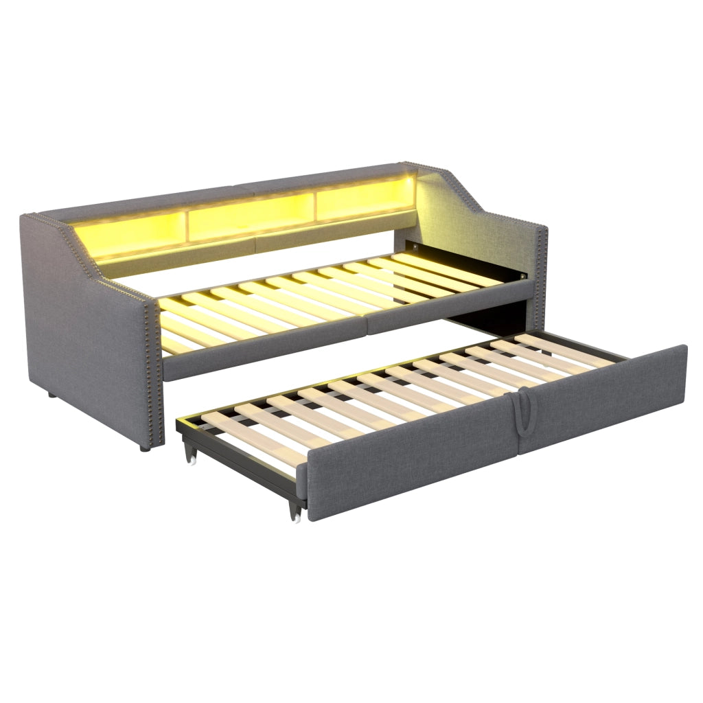 Letto divano estraibile 90 × 200 cm e 180 × 200 cm con 3 ripiani, LED et USB, con 2 materassi, grigio scuro
