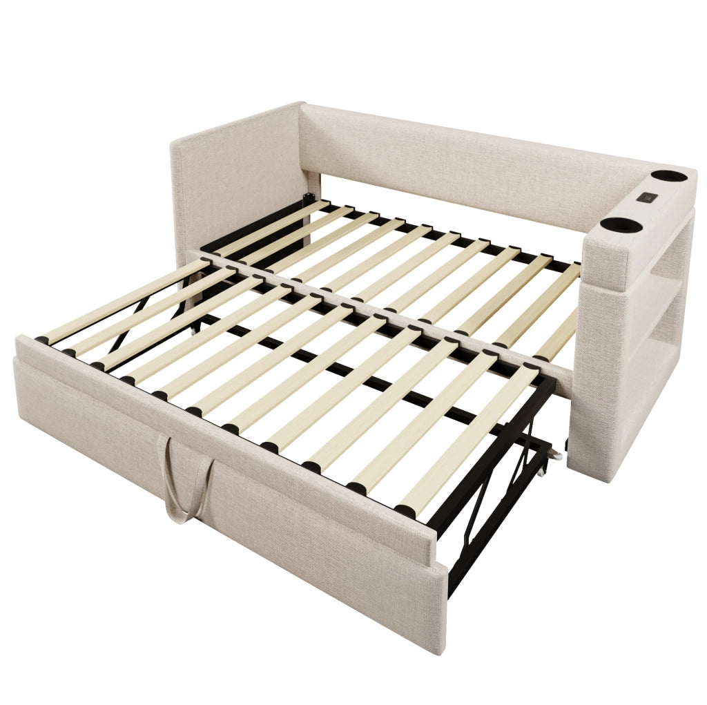 Divano letto ULEVR 90x190 cm estraibile con USB, Type-C, portabicchieri e vani aperti, beige