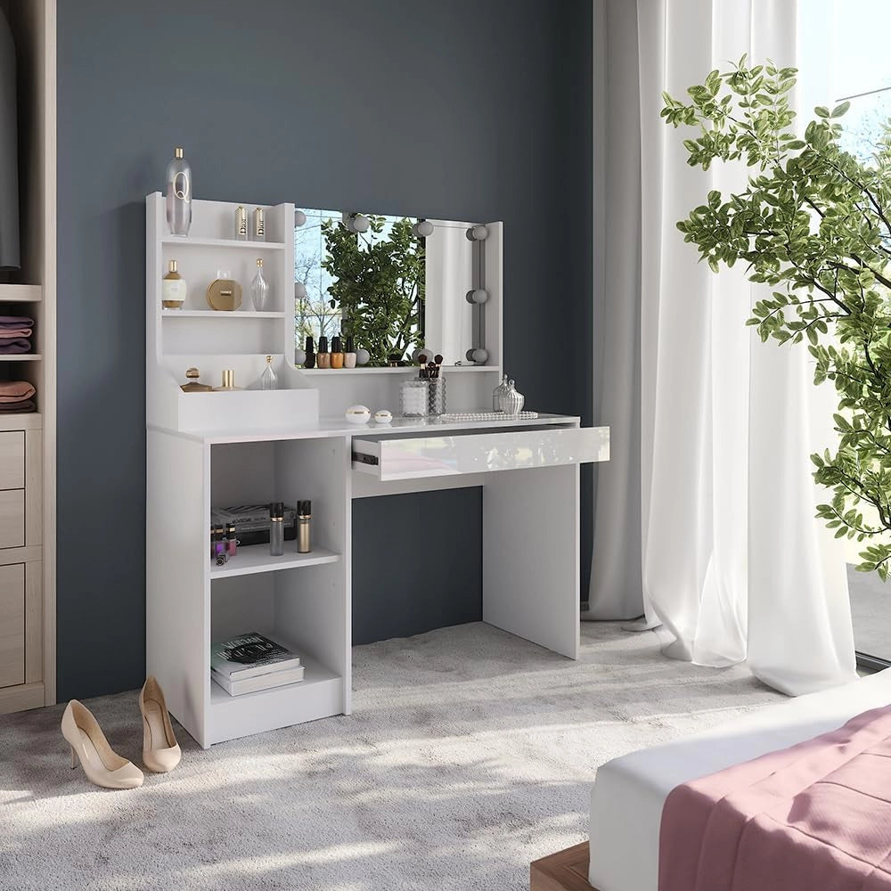 Tavolo da toeletta Sherry, Bianco/bianco lucido, 119.8 cm 4 parti