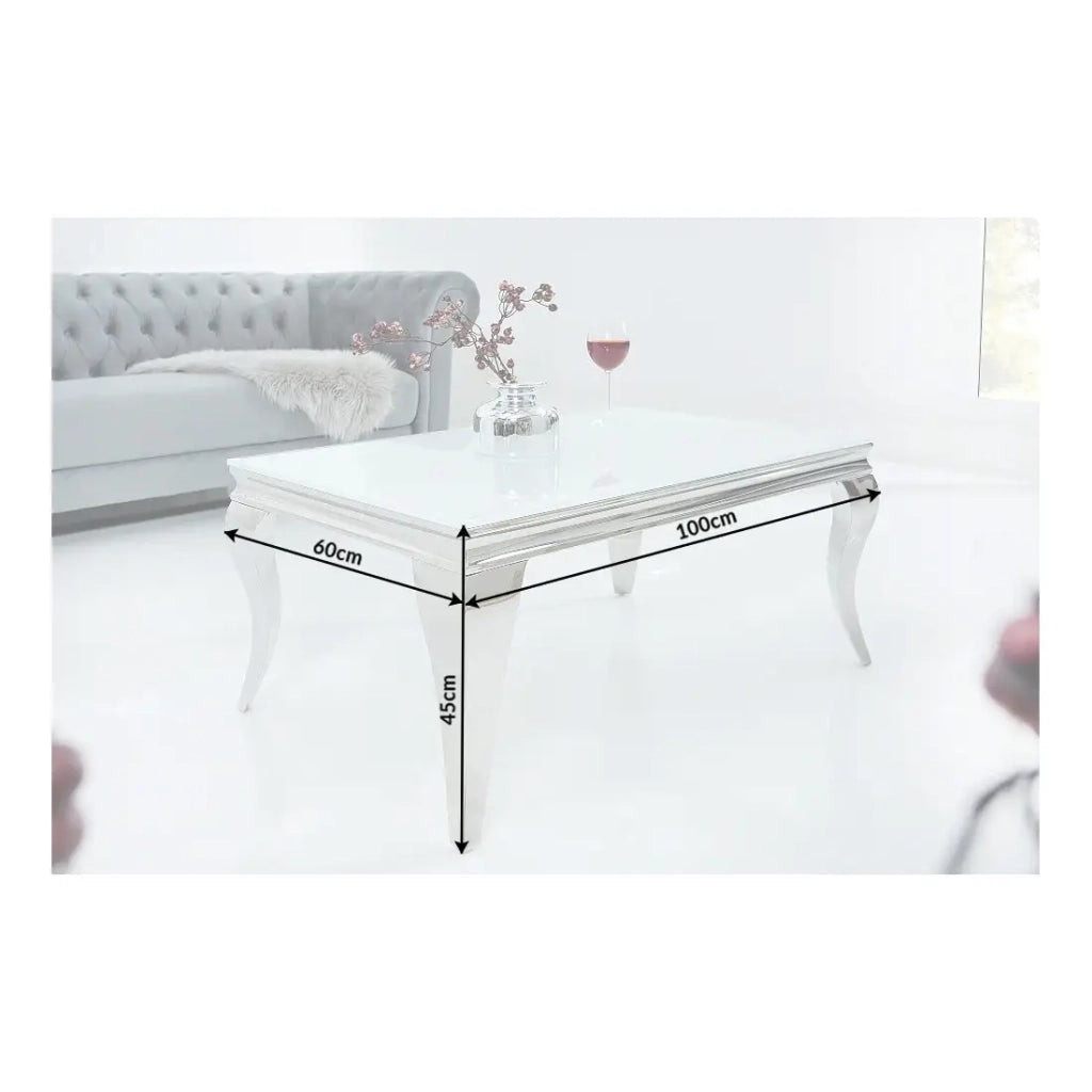 Table bassa VELENA 100 cm argentata con vetro temperato opaco – Gambe curve in stile barocco