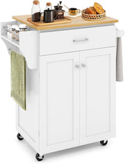 Isola da Cucina con Ruote, Carrello da Cucina con Cassetto e Armadio, Porta Spezie e Barre Porta Asciugamani, Armadietto Mobile con Ripiano Regolabile per Sala da Pranzo, 83x48x91 cm