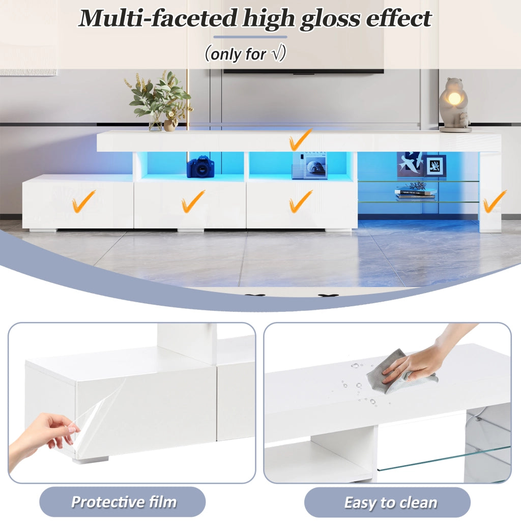 Mobile TV lucido, illuminazione a LED, 3 cassetti, adatto a televisori da 75 pollici, bianco