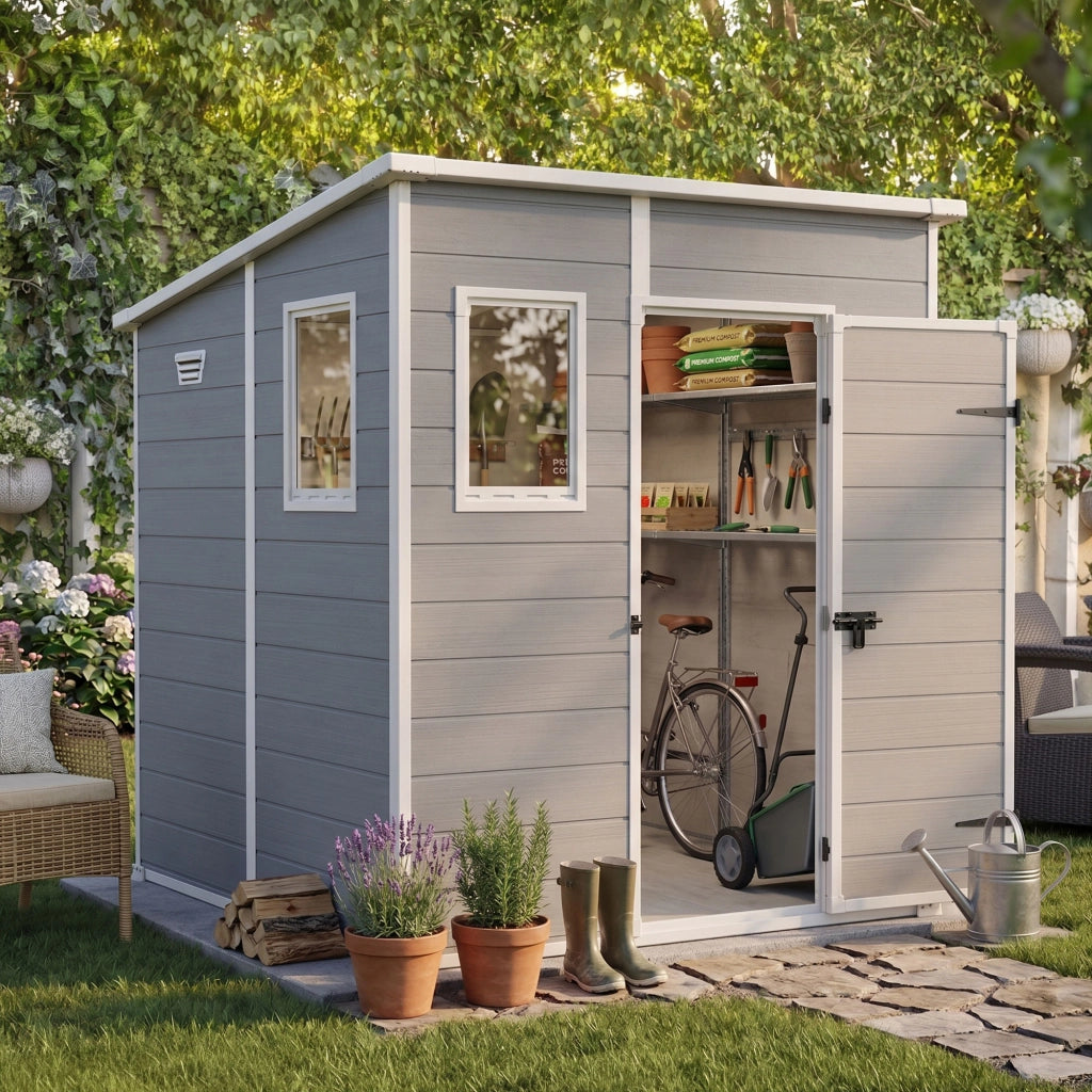 Manor Pent 6x6 - Casetta da Giardino 183,50x200x185 cm 1 Anta per deposito attrezzi finitura effetto legno graffiato in Resina Grigio
