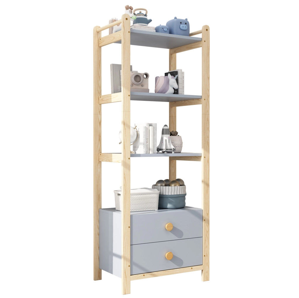 Libreria autoportante blu e legno con 4 ripiani e 2 cassetti, 70x45x180,5 cm