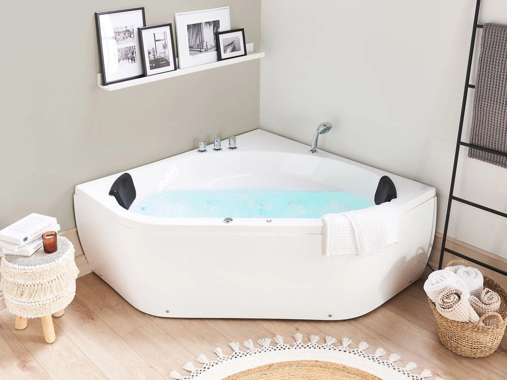 Vasca ad angolo in acrilico bianco 140 x 140 cm 2 persone getti massaggianti poggiatesta luci a LED