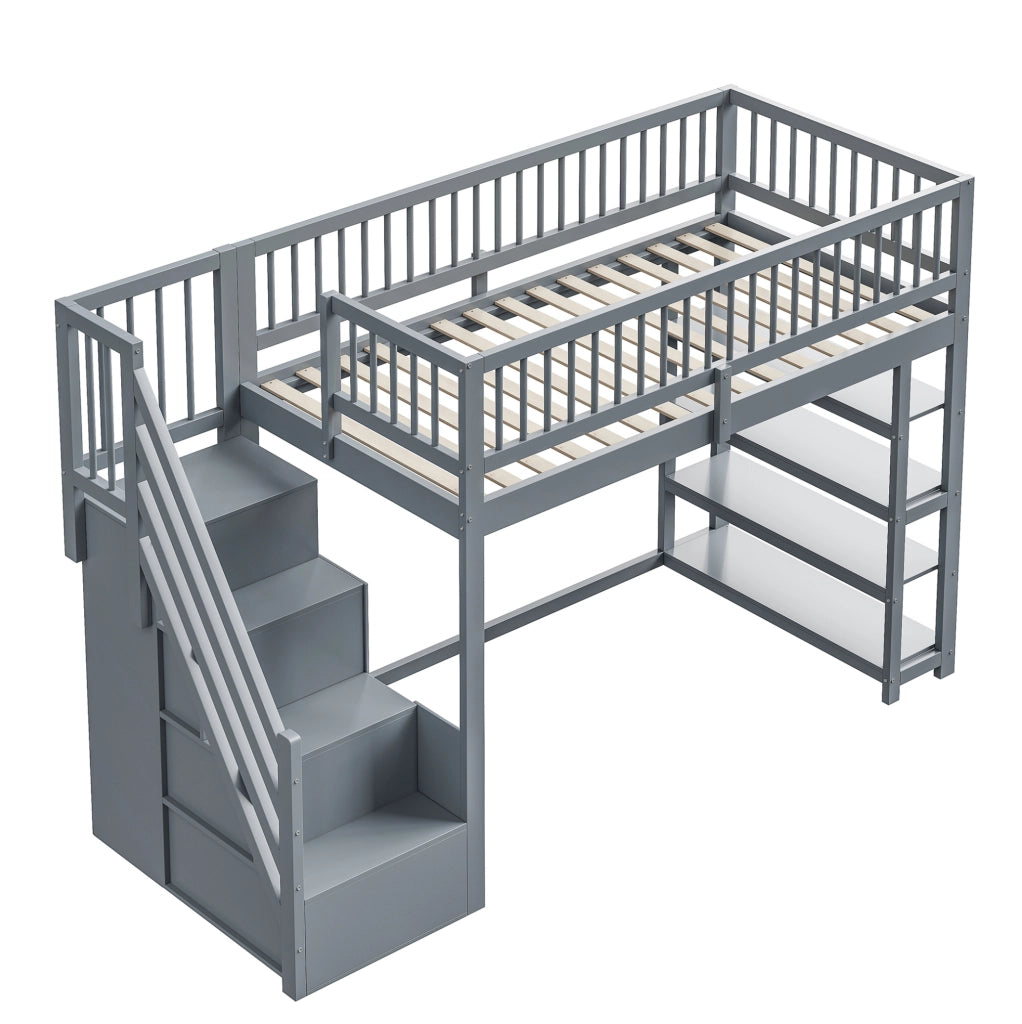 Letto a soppalco 90 x 200 cm in legno massello grigio con armadi; ripiani e scala di sicurezza