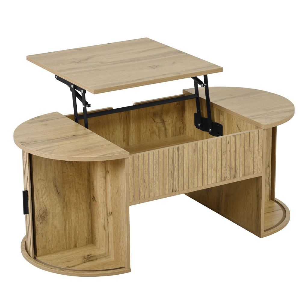 OKWISH Tavolino da Salotto Ovale con Piano Rialzabile, 2 Ante Scorrevoli e Ripiani Aperti, MDF, Rovere, 100×50×40,5 cm