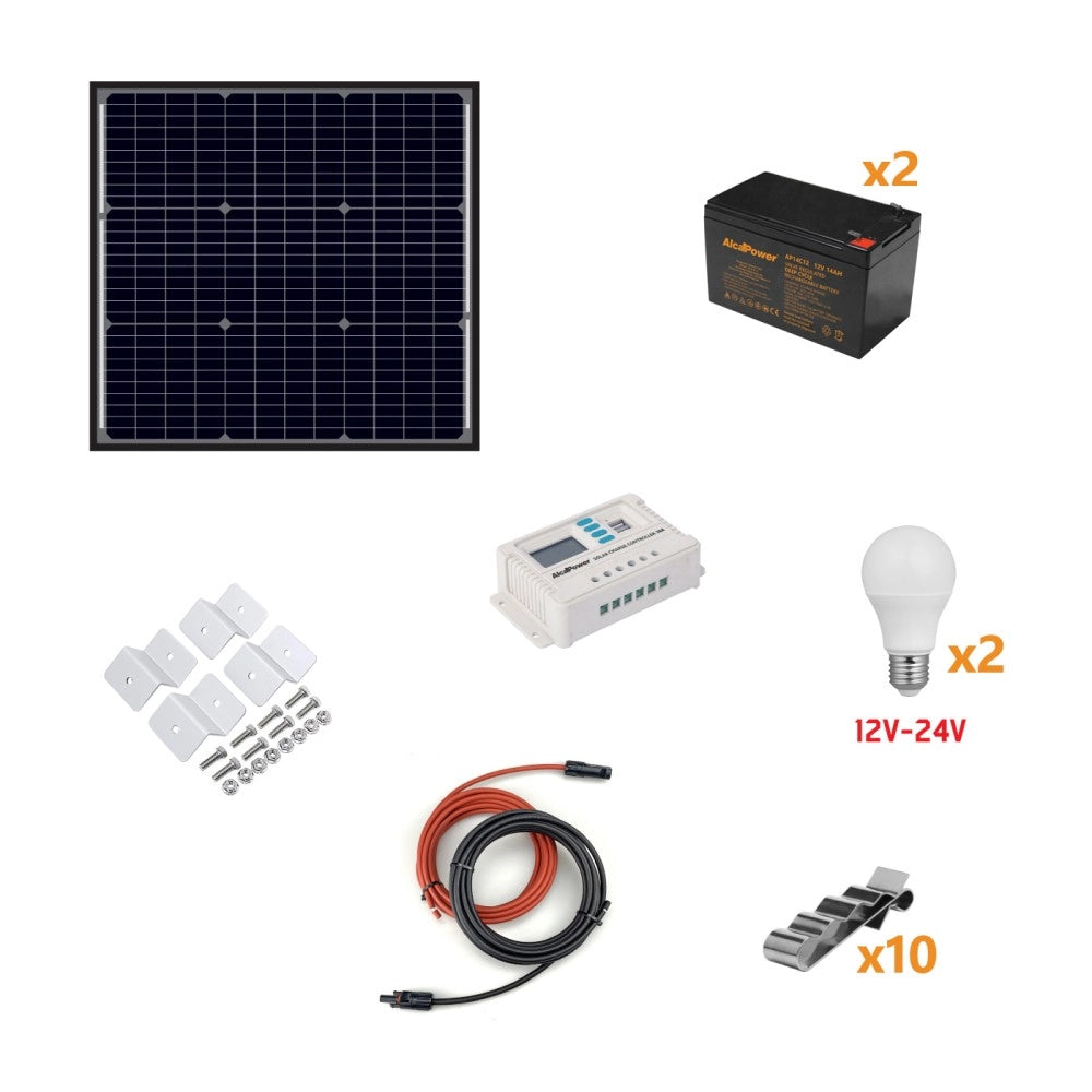Kit Fotovoltaico a Isola 110W - Kit con pannello solare, regolatore di carica, proiettore, e accessori per l'installazione