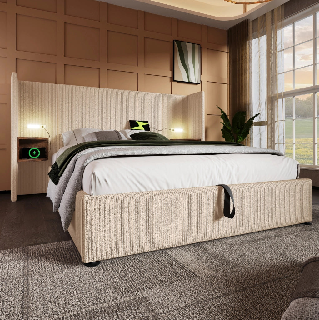 Letto matrimoniale 160x200 cm in tessuto corduroy beige con contenitore; lampada e USB-C