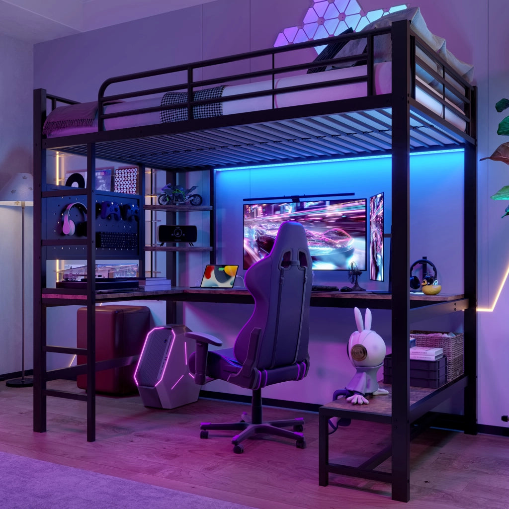 OKWISH Letto a soppalco 90×200 cm, Letto Singolo con Scrivania, Mensole, Pannello Forato, LED Regolabile e USB Type-C, senza Materasso, Nero