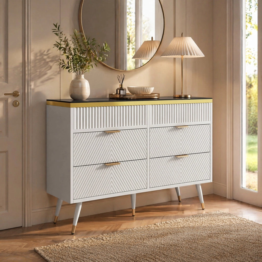 Cassettiera moderna con 6 cassetti, vetro marrone, struttura in truciolare e metallo, 120 x 40 x 76 cm