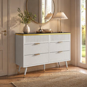 Cassettiera moderna con 6 cassetti, vetro marrone, struttura in truciolare e metallo, 120 x 40 x 76 cm