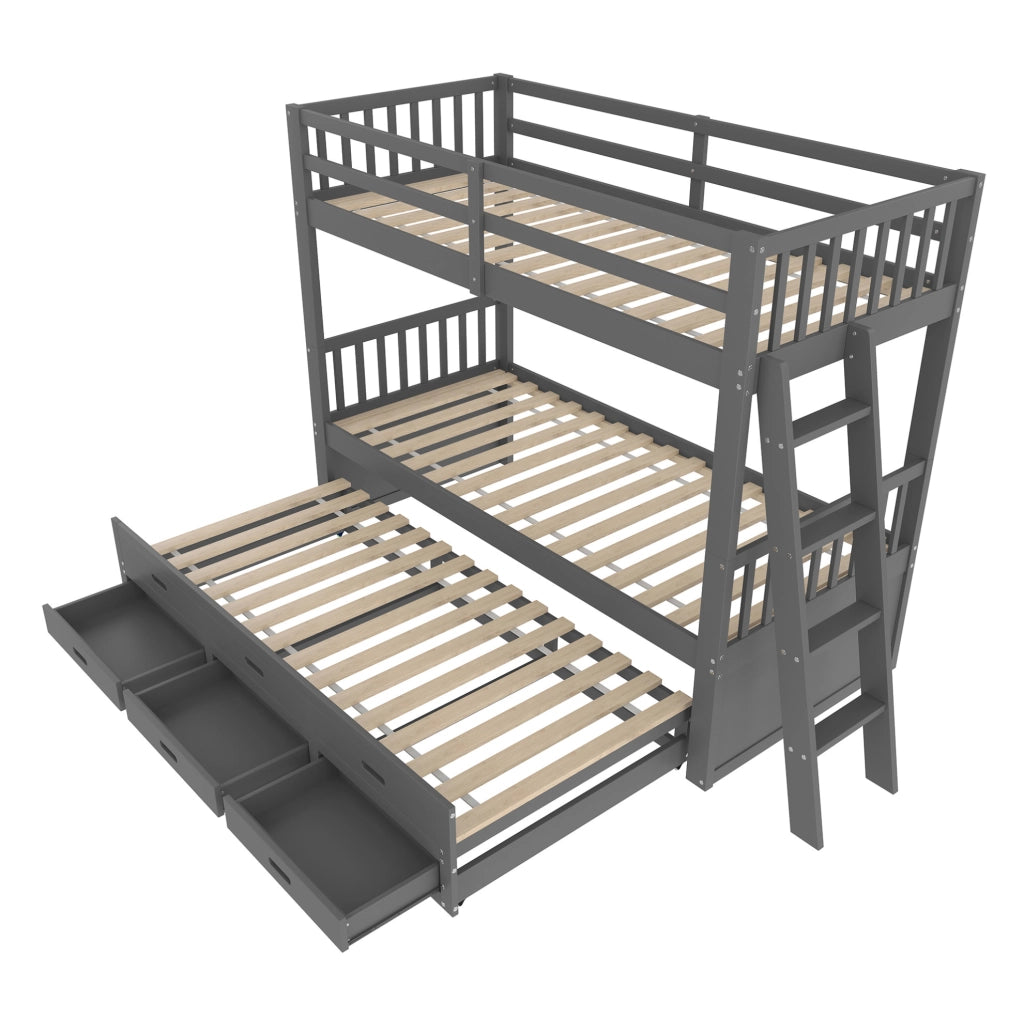 Letto a castello ULEVR 90x200 cm con letto estraibile e 3 cassetti, in pino e MDF grigio