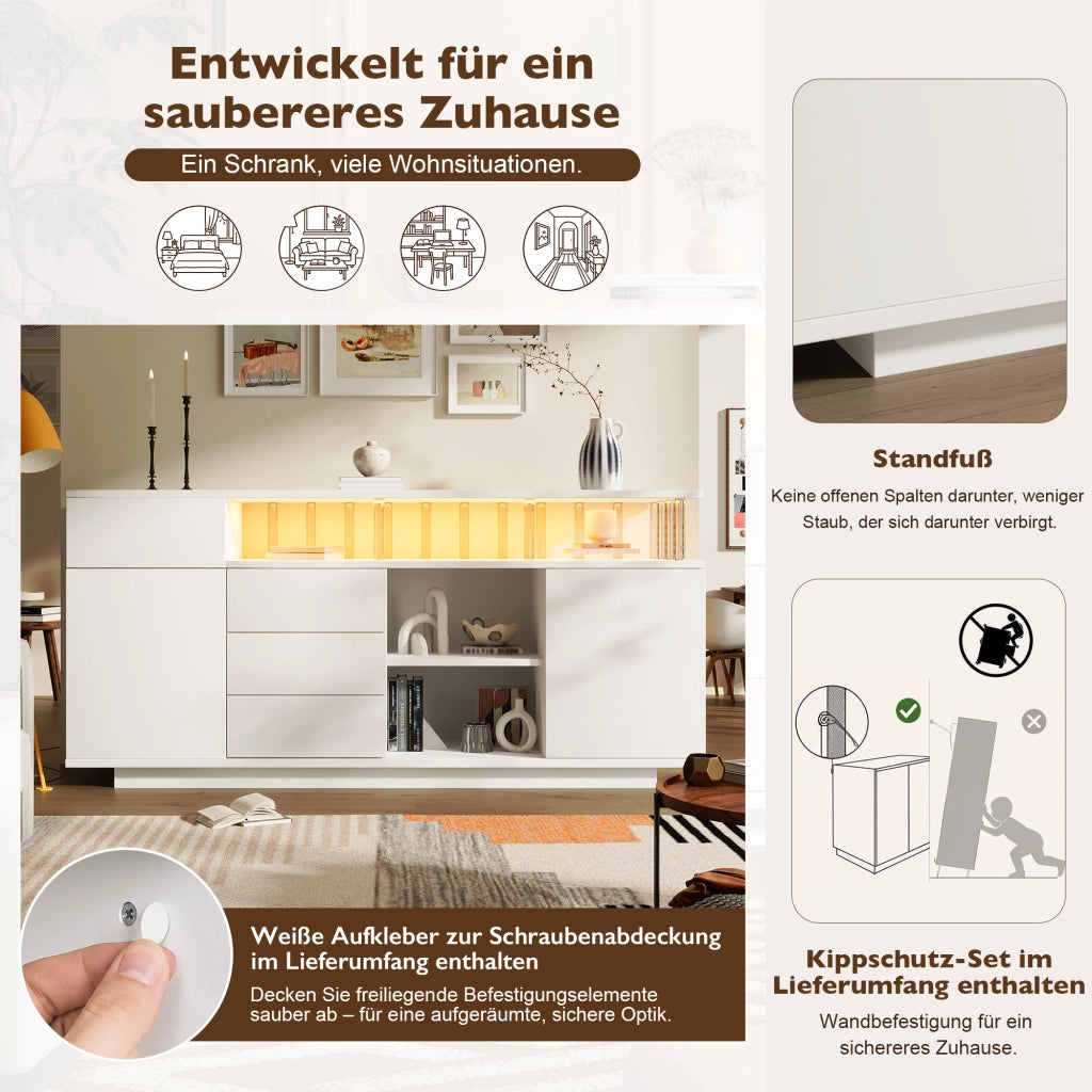 Credenza con LED, 4 cassetti, 2 ante e ripiani regolabili, per soggiorno cucina e ingresso, 160 × 40 × 75 cm